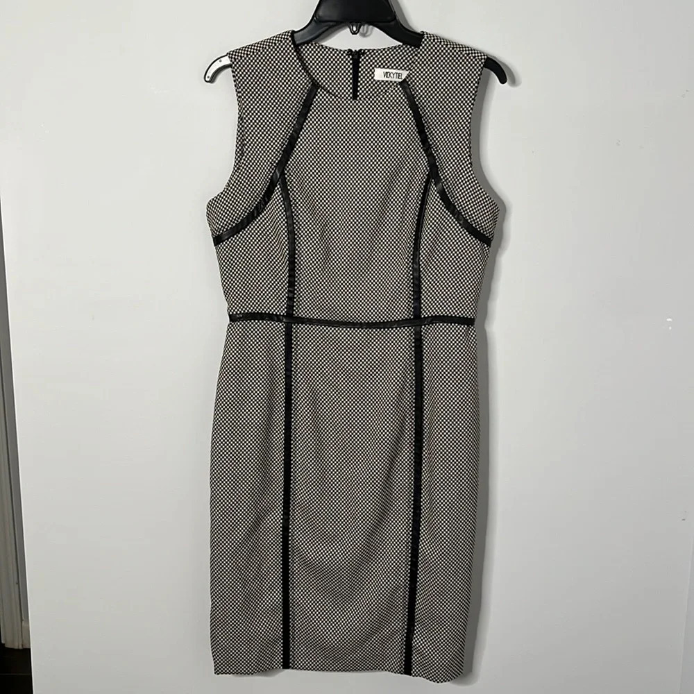 Vicky Tiel Checker Print Leather Trim Career Sheath Dress